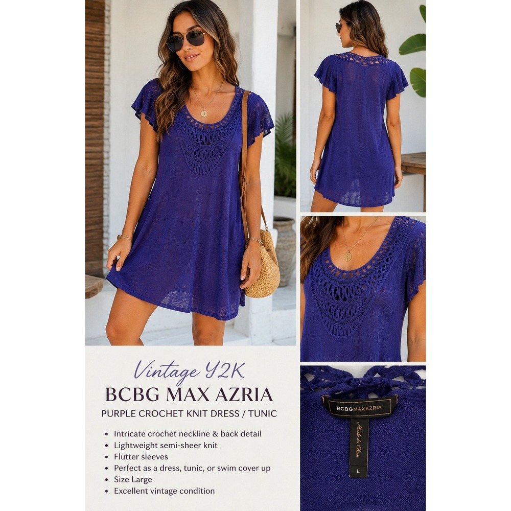 Vintage Y2K BCBG Max Azria Purple Crochet Knit Sweater Dress Tunic L